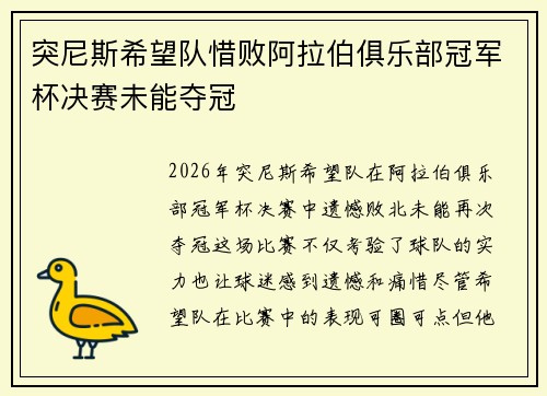 突尼斯希望队惜败阿拉伯俱乐部冠军杯决赛未能夺冠